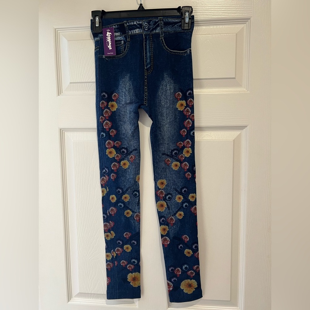 🌺NWT🌺 Women High Waist Stretchy Leggings Denim Look Skinny Jeggings Print OSFA